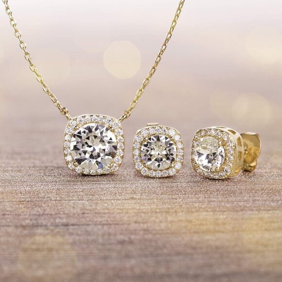 Halo Earrings Necklace Jewelry Set Crystal Gold Plated Women Fashion - Picture 4 of 7